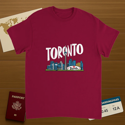 cardinal red Toronto Canada Unisex Travel T-Shirt on wooden background with world map, passport, and boarding pass