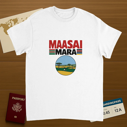 white Maasai Mara Unisex Travel T-Shirt on wooden background with world map, passport, and boarding pass