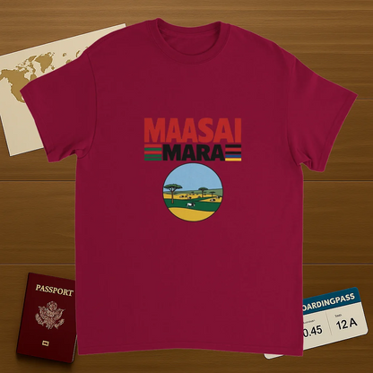 cardinal red Maasai Mara Unisex Travel T-Shirt on wooden background with world map, passport, and boarding pass