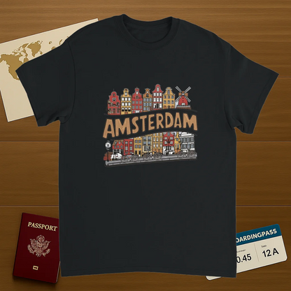 black Amsterdam Netherlands Unisex Travel T-Shirt on wooden background with world map, passport, and boarding pass