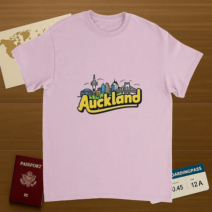 light pink Auckland New Zealand Unisex Travel T-Shirt on wooden background with world map, passport, and boarding pass