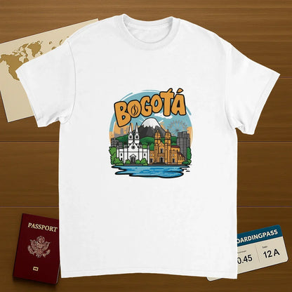 white Bogotá Colombia Unisex Travel T-Shirt on wooden background with world map, passport, and boarding pass
