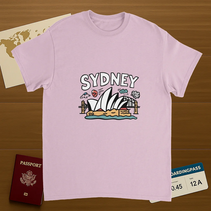 light pink Sydney Australia Unisex Travel T-Shirt on wooden background with world map, passport, and boarding pass