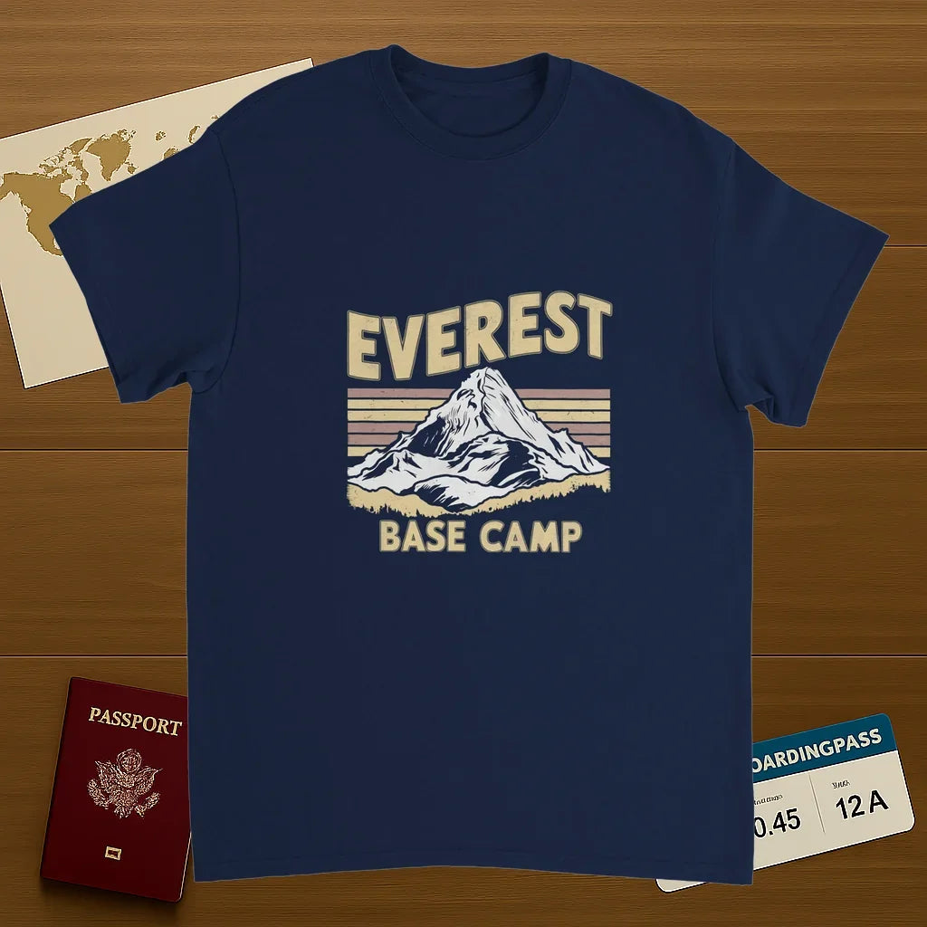 navy Everest Base Camp Nepal Unisex Travel T-Shirt on wooden background with world map, passport, and boarding pass