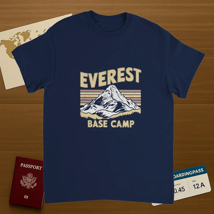 navy Everest Base Camp Nepal Unisex Travel T-Shirt on wooden background with world map, passport, and boarding pass