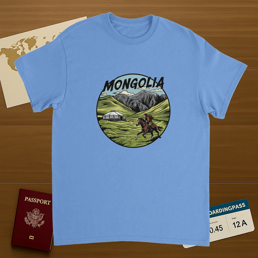 carolina blue Mongolia Unisex Travel T-Shirt on wooden background with world map, passport, and boarding pass