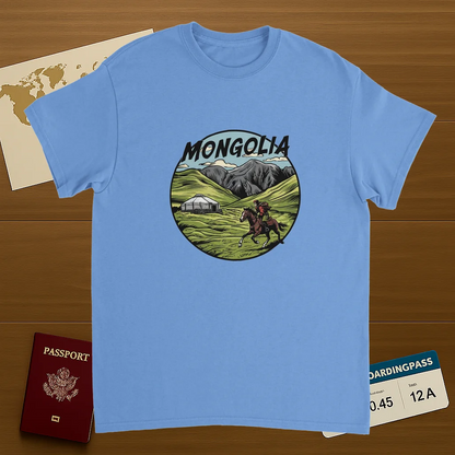 carolina blue Mongolia Unisex Travel T-Shirt on wooden background with world map, passport, and boarding pass