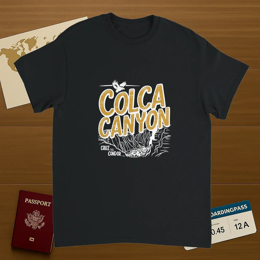 black Colca Canyon Peru Unisex Travel T-Shirt on wooden background with world map, passport, and boarding pass