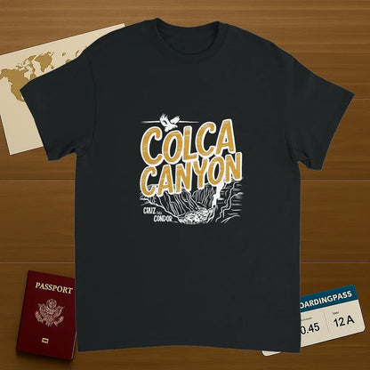 black Colca Canyon Peru Unisex Travel T-Shirt on wooden background with world map, passport, and boarding pass
