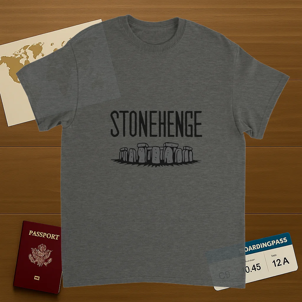 Stonehenge England Unisex Travel T-Shirt on wooden background with world map, passport, and boarding pass