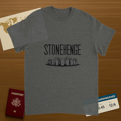 Stonehenge England Unisex Travel T-Shirt on wooden background with world map, passport, and boarding pass