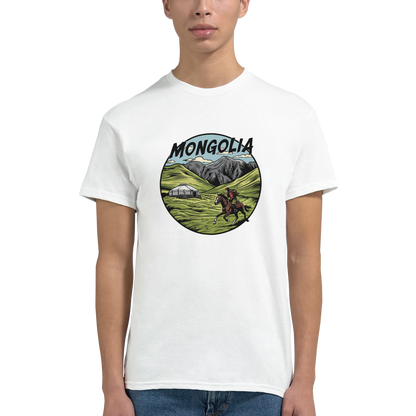 Mongolia Unisex Travel T-Shirt featuring a man