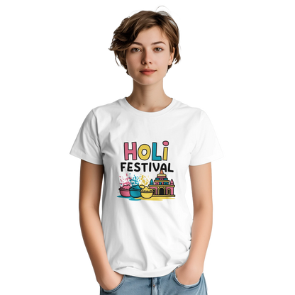 Holi Festival Mathura India Unisex Travel T-Shirt on wooden background with world map, passport, and boarding pass