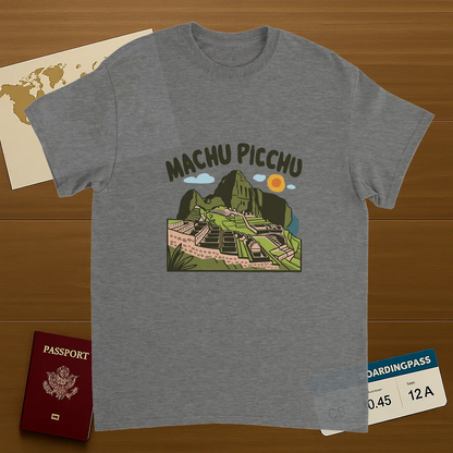 sport grey Machu Picchu Unisex Travel T-Shirt on wooden background with world map, passport, and boarding pass