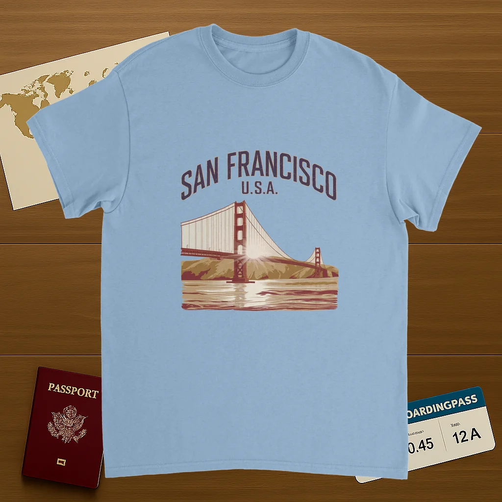 light blue San Francisco USA Unisex Travel T-Shirt on wooden background with world map, passport, and boarding pass