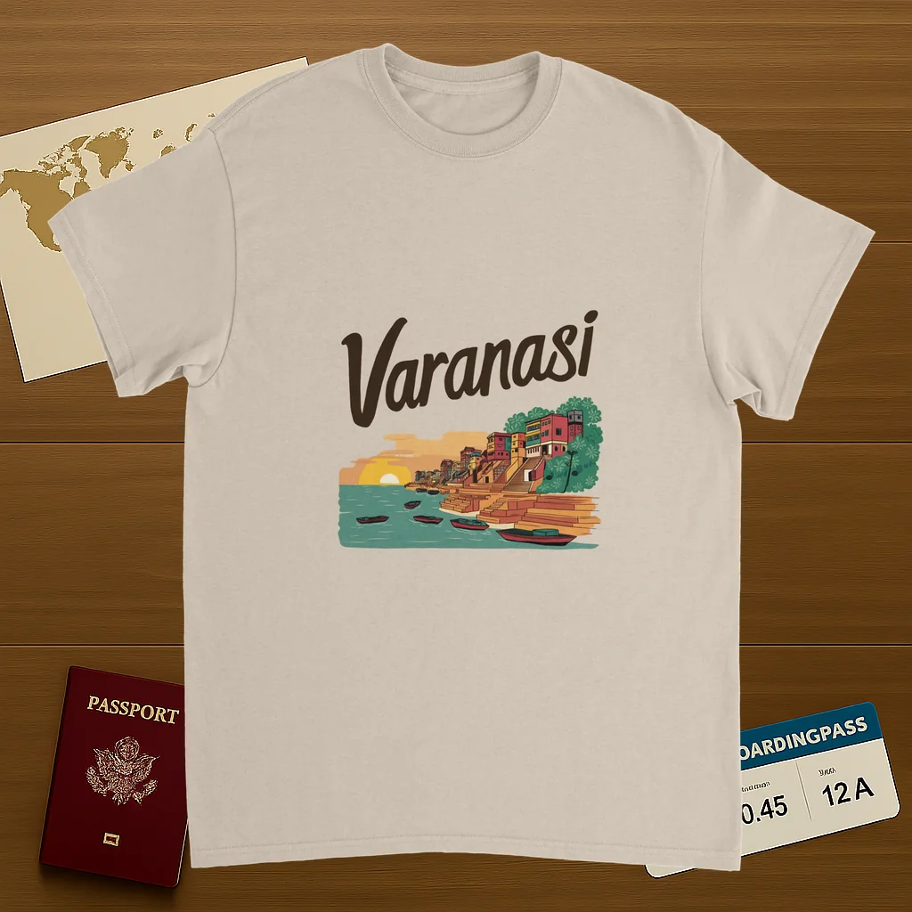Varanasi India Unisex Travel T-Shirt on wooden background with world map, passport, and boarding pass