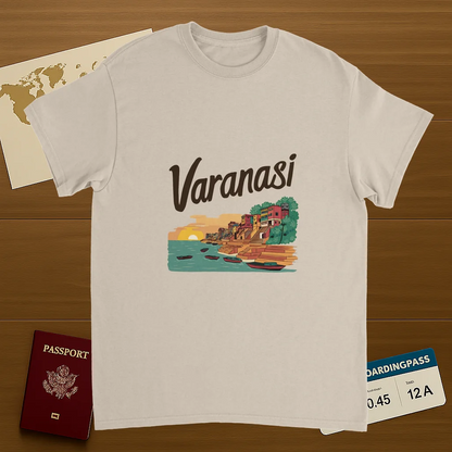 Varanasi India Unisex Travel T-Shirt on wooden background with world map, passport, and boarding pass