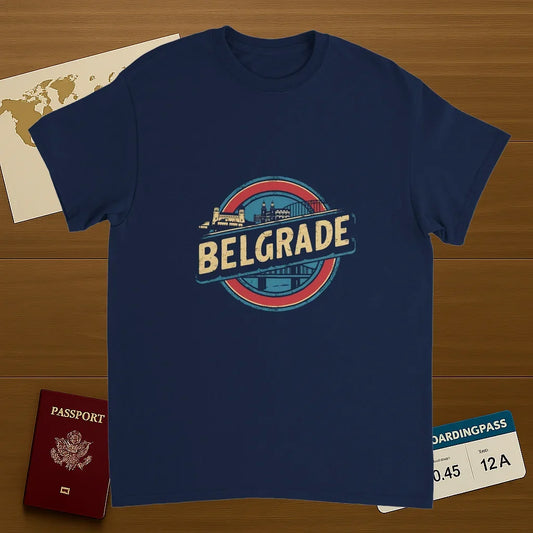 navy Belgrade Serbia Unisex Travel T-Shirt on wooden background with world map, passport, and boarding pass