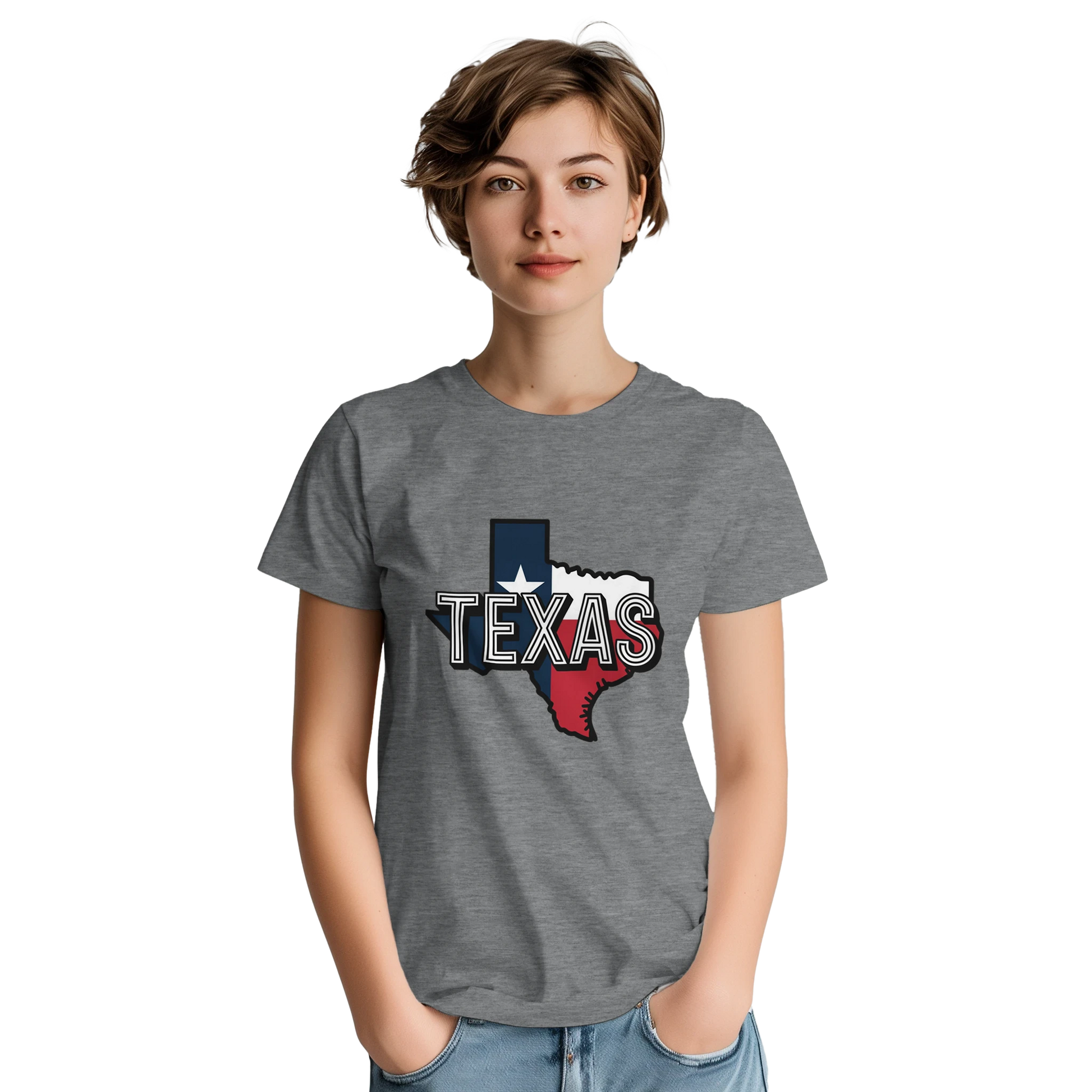 Texas USA Unisex Travel T-Shirt on wooden background with world map, passport, and boarding pass