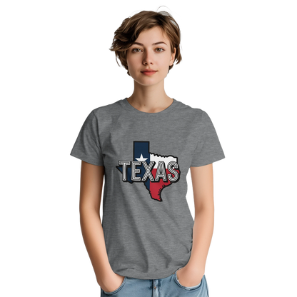 Texas USA Unisex Travel T-Shirt on wooden background with world map, passport, and boarding pass