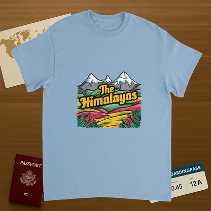 light blue Himalayas Unisex Travel T-Shirt on wooden background with world map, passport, and boarding pass