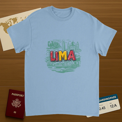 light blue Lima Peru Unisex Travel T-Shirt on wooden background with world map, passport, and boarding pass