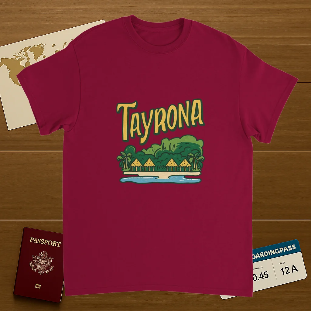 cardinal red Tayrona Colombia Unisex Travel T-Shirt on wooden background with world map, passport, and boarding pass