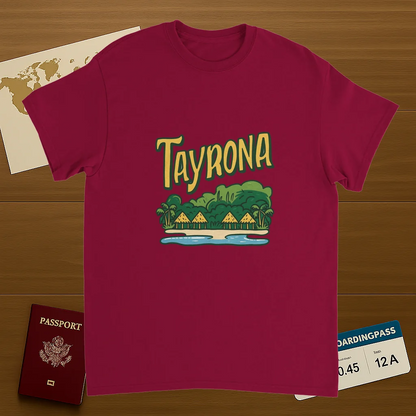 cardinal red Tayrona Colombia Unisex Travel T-Shirt on wooden background with world map, passport, and boarding pass