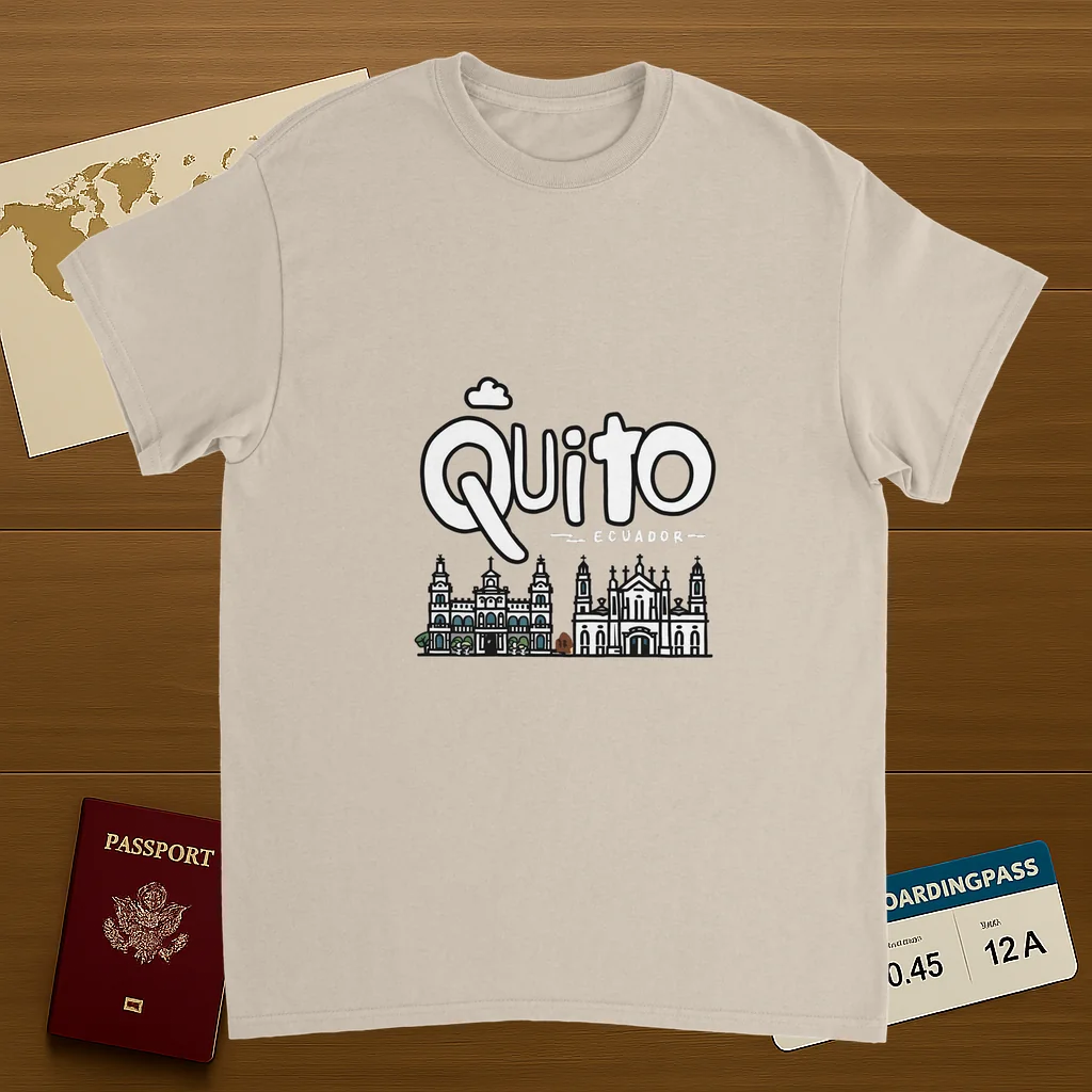 Quito Ecuador Unisex Travel T-Shirt on wooden background with world map, passport, and boarding pass