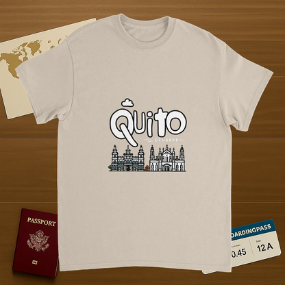 Quito Ecuador Unisex Travel T-Shirt on wooden background with world map, passport, and boarding pass