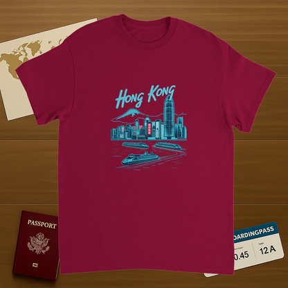 cardinal red Hong Kong Unisex Travel T-Shirt on wooden background with world map, passport, and boarding pass