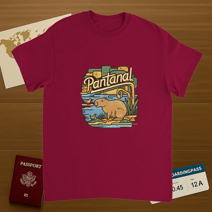 cardinal red Pantanal Brazil Unisex Travel T-Shirt on wooden background with world map, passport, and boarding pass