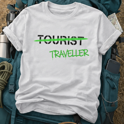Traveller Not a Tourist T-Shirt - Graffiti Style Adventure Graphic Tee