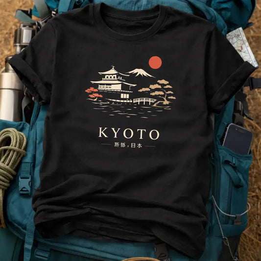 Black t-shirt with Kyoto design on a backpack