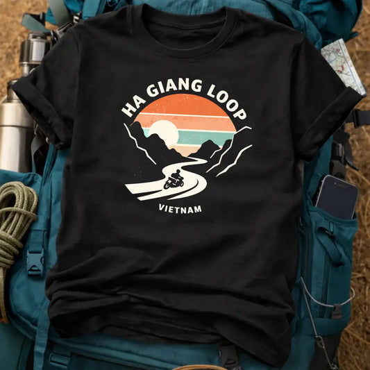 Black t-shirt with 'Ha Giang Loop Vietnam' graphic on a backpack