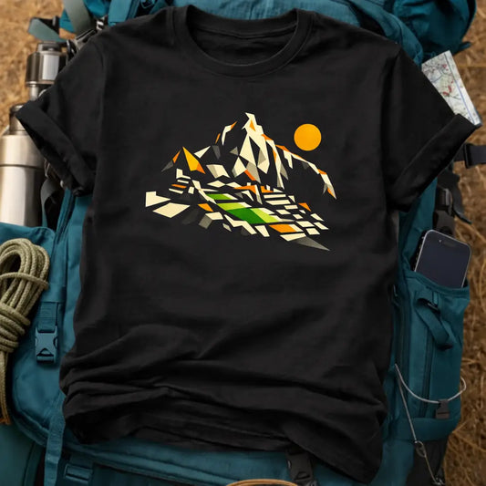 Black t-shirt with mountain Machu Picchu graphic on a backpack