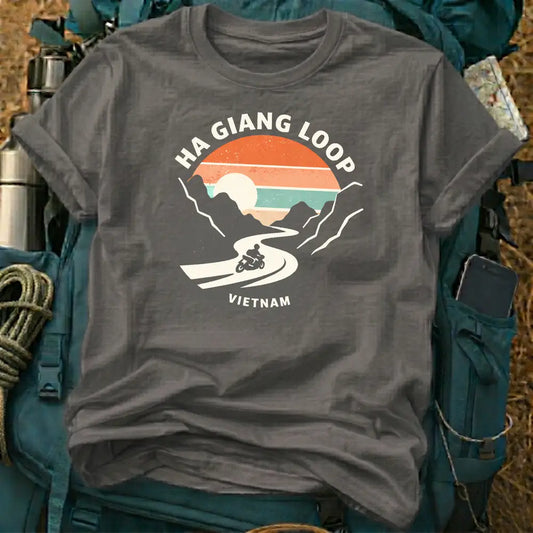 Vintage Ha Giang Loop Vietnam Motorcycle T-Shirt – Retro Sunset Adventure Tee