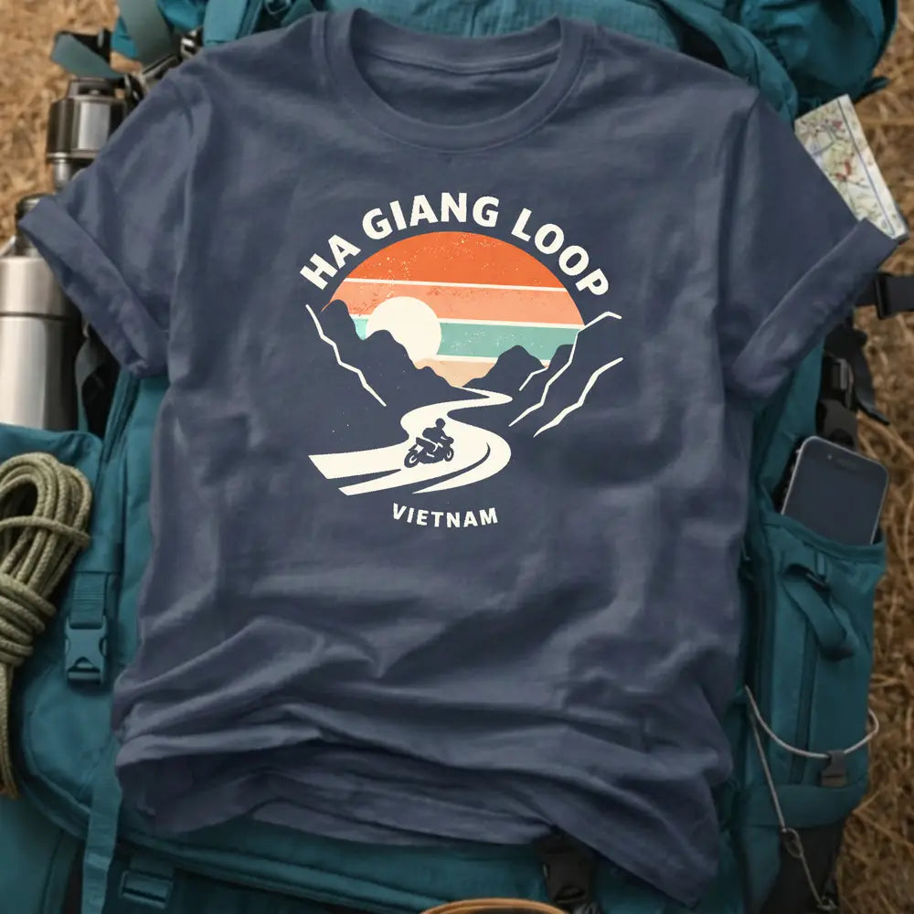 Vintage Ha Giang Loop Vietnam Motorcycle T-Shirt – Retro Sunset Adventure Tee