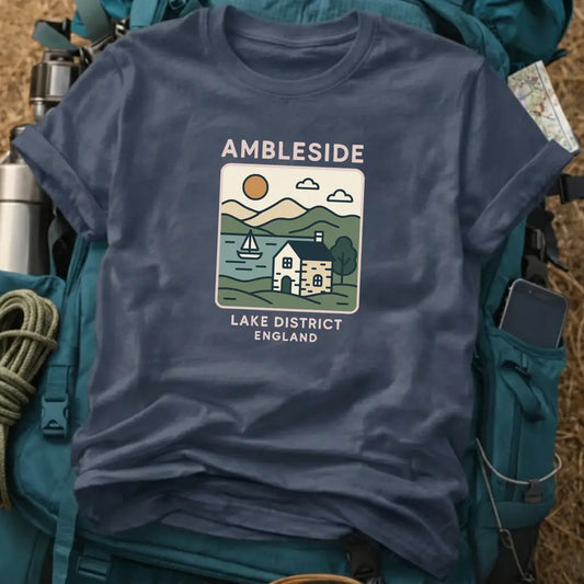 Navy blue t-shirt with Ambleside design on a teal backpack