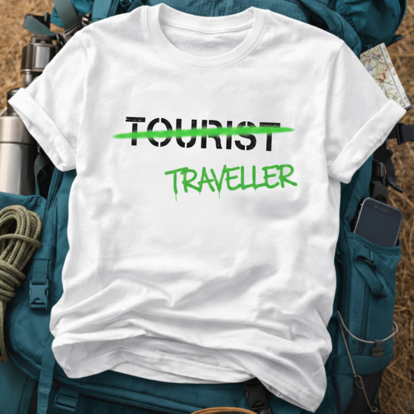 Traveller Not a Tourist T-Shirt - Graffiti Style Adventure Graphic Tee