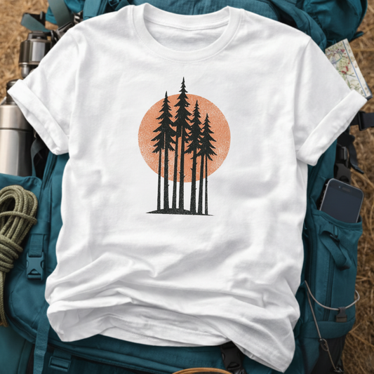 "Dusk in the Pines" Vintage Sun Silhouette Tee - Retro Nature & Forest Adventure T-Shirt