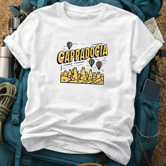 White t-shirt with 'Cappadocia' design on a backpack and travel items background