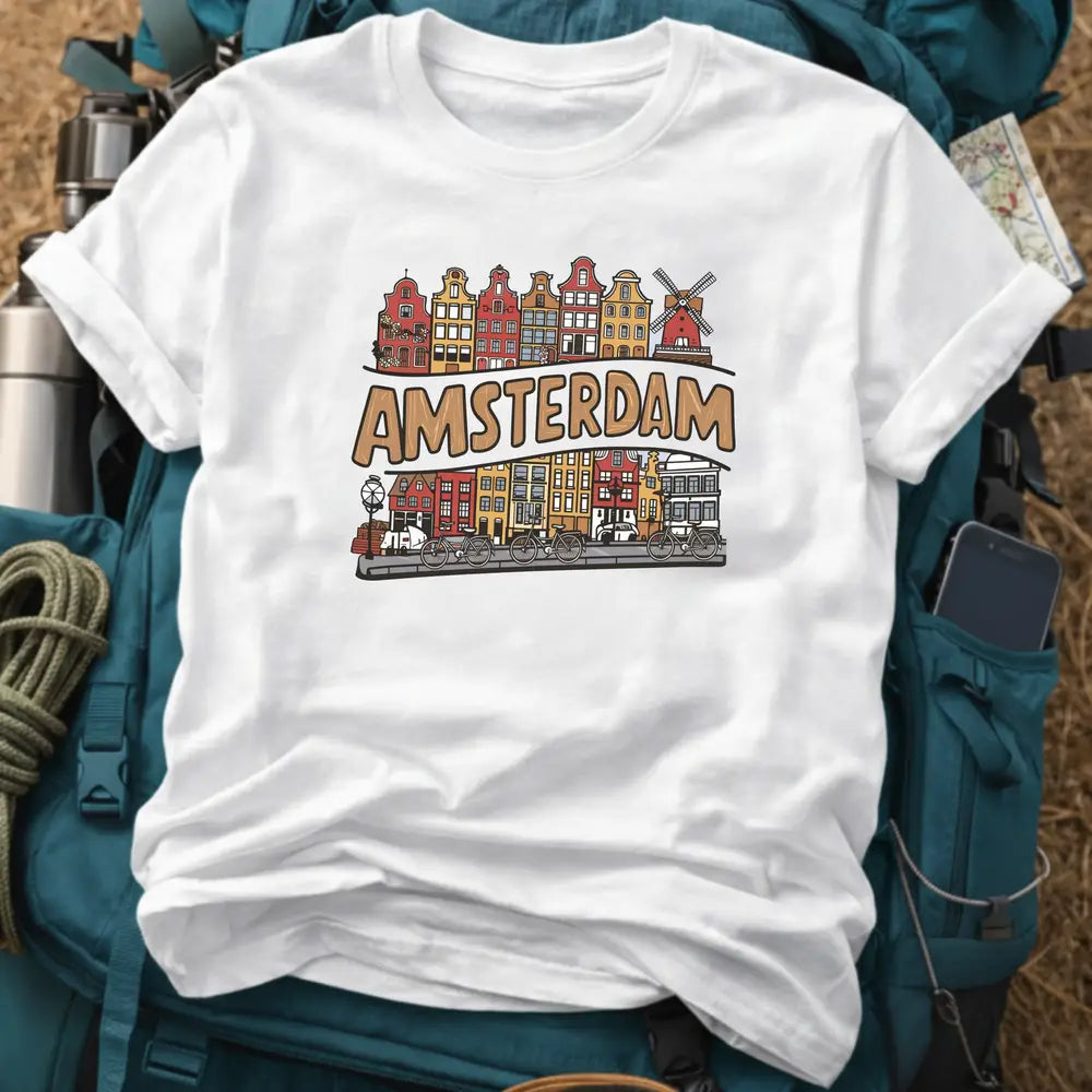 Amsterdam Graphic Tee - Vintage Canal Houses & Windmill Souvenir T‑Shirt