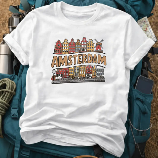 White t-shirt with 'Amsterdam' design on a backpack