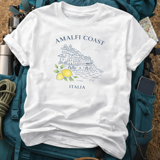 Amalfi Coast Travel T-Shirt - Minimalist Coastal Village Graphic Tee
