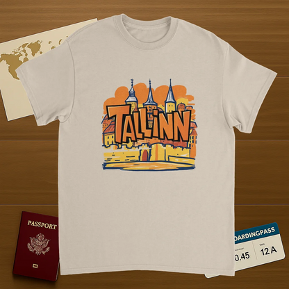 Tallinn Estonia Unisex Travel T-Shirt on wooden background with world map, passport, and boarding pass