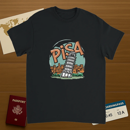 black Pisa Italy Unisex Travel T-Shirt on wooden background with world map, passport, and boarding pass