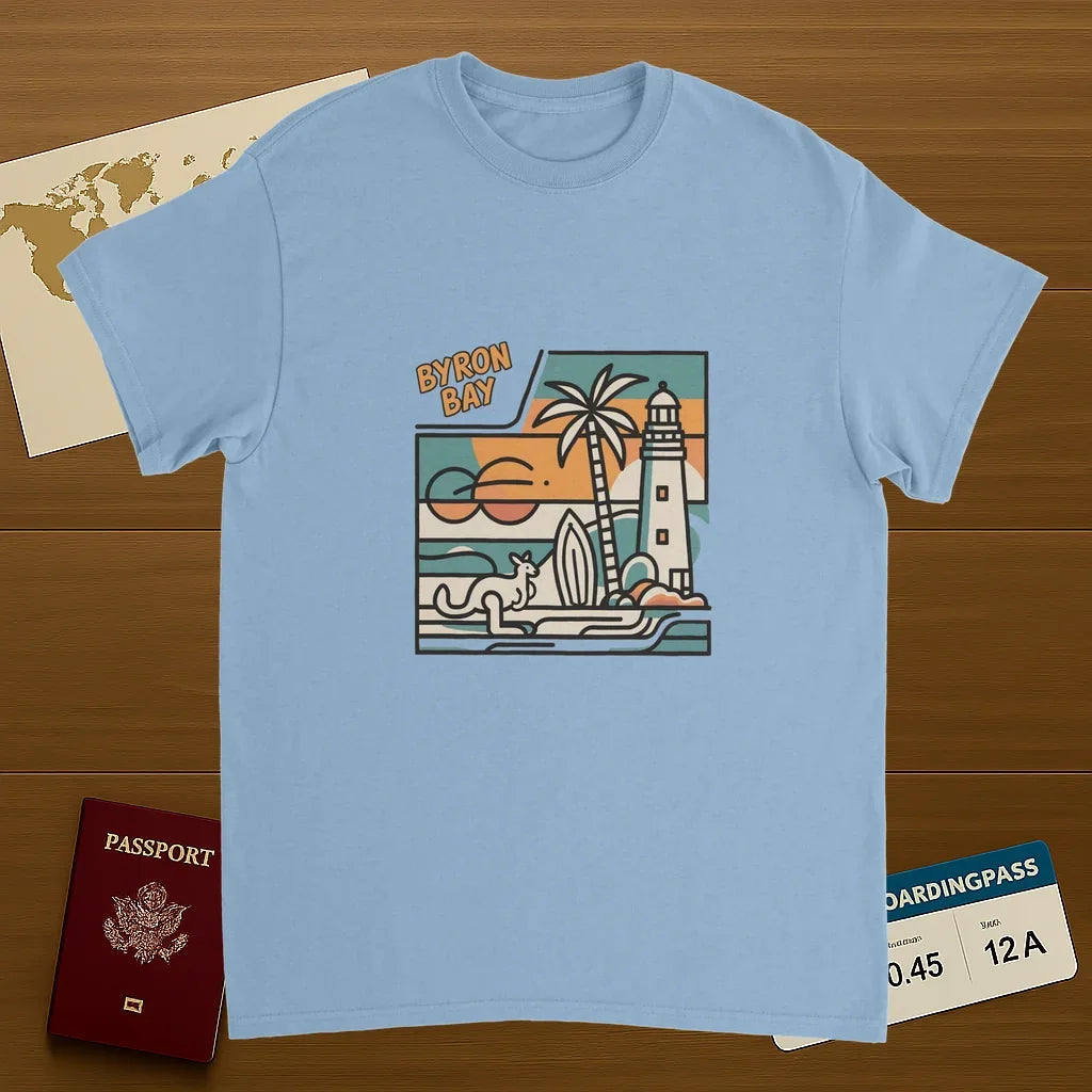 light blue Byron Bay Australia Unisex Travel T-Shirt on wooden background with world map, passport, and boarding pass