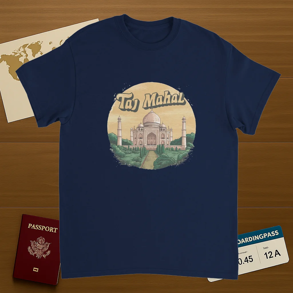 navy Taj Mahal Agra India Unisex Travel T-Shirt on wooden background with world map, passport, and boarding pass