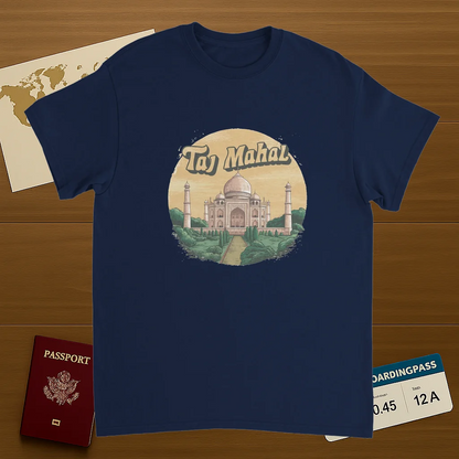 navy Taj Mahal Agra India Unisex Travel T-Shirt on wooden background with world map, passport, and boarding pass